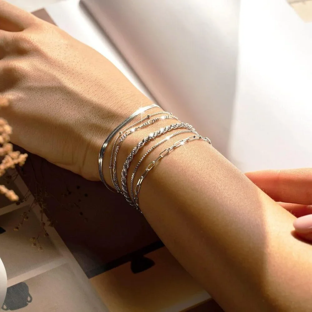 Dainty Silver Plated Bracelets Set for Women - Paperclip, Herringbone
